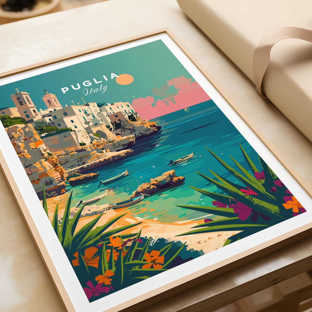 Puglia Poster Print featuring picturesque Italian coastal village with colorful buildings and serene blue waters.