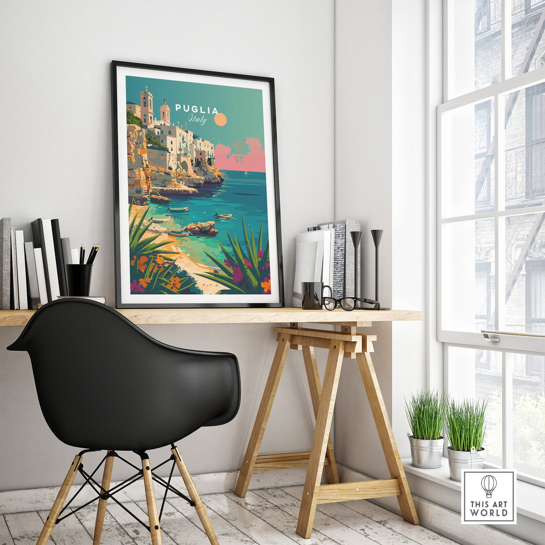 Puglia Poster Print displaying Italian coastal scenery in a stylish modern room, perfect decor for any space.