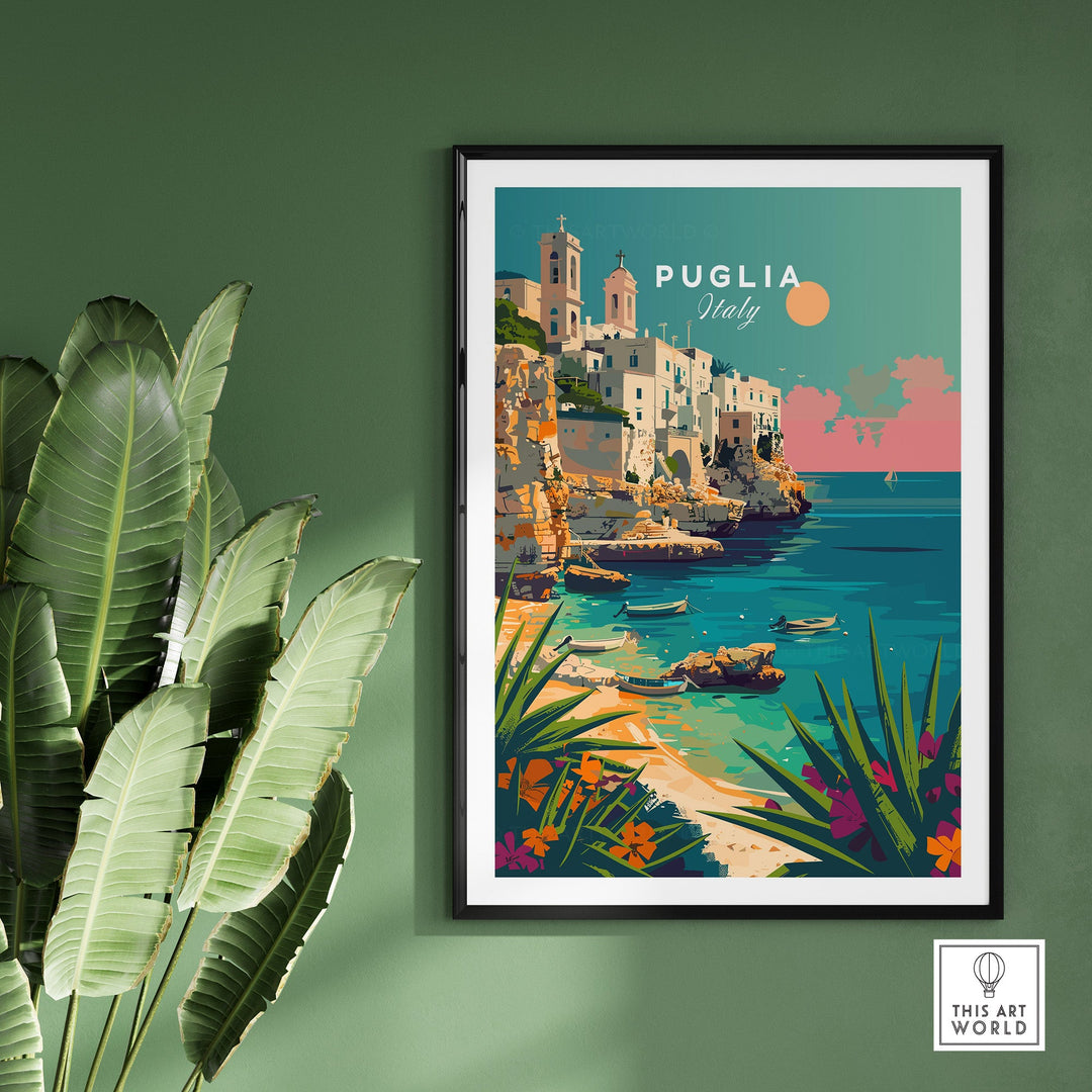 Puglia poster print showcasing Italian coastal landscape with quaint towns, perfect for home decor, displayed on a green wall with plants.