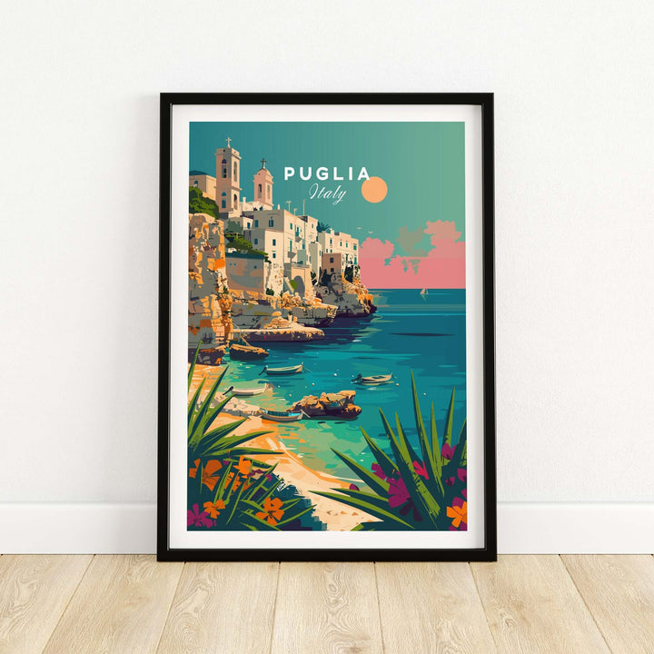 Puglia Poster Print featuring picturesque Italian landscape and quaint coastal town, perfect for home decor and travel enthusiasts