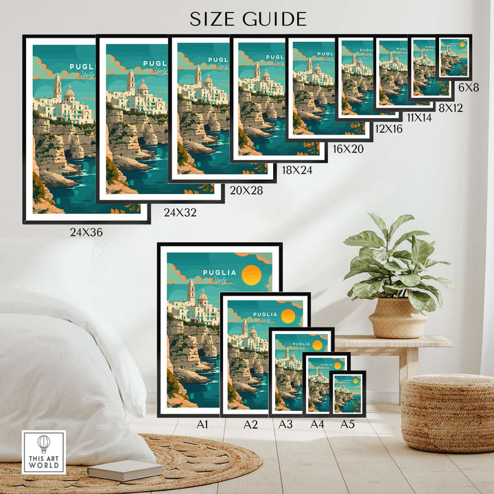 Various sizes of Puglia travel print displayed on a wall, showcasing sun-kissed beaches and charming towns of Puglia, Italy.