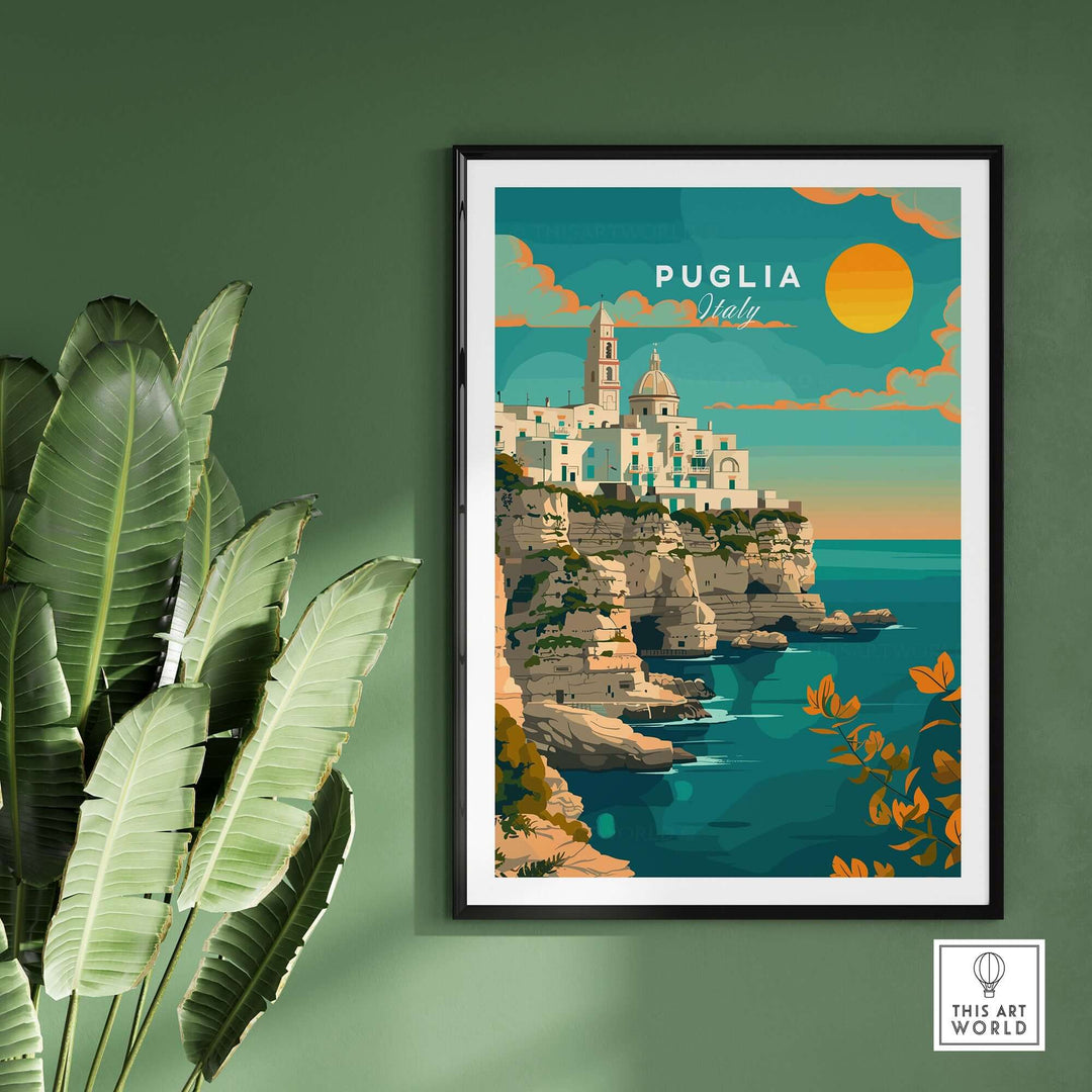 Puglia Travel Print featuring Italian coastal scenery, perfect home decor to add a touch of wanderlust and Italian charm.