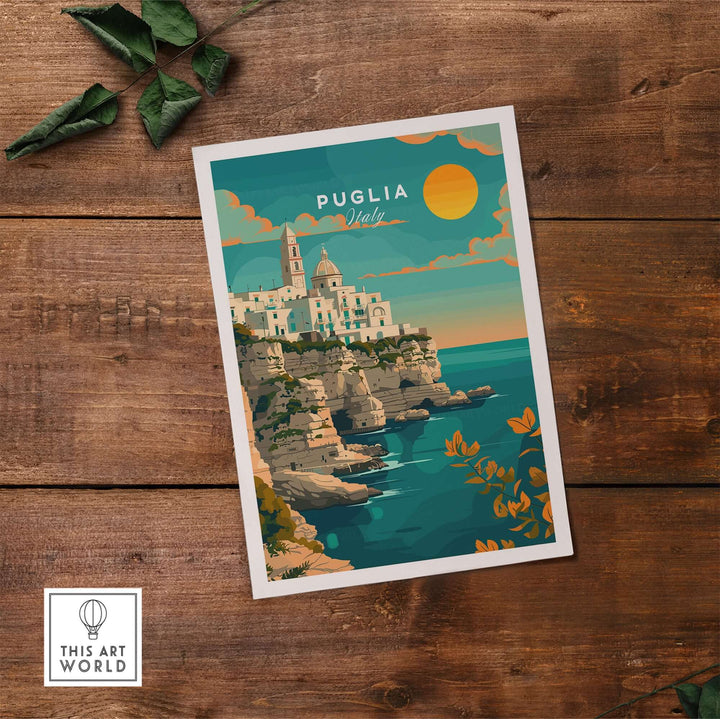 Puglia Travel Print featuring sun-kissed beaches and charming Italian towns, perfect for adding wanderlust and Italian charm to your space