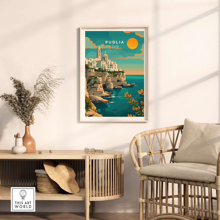 Puglia Travel Print featuring Italian coastal town, adding charm to home decor. Perfect for travel lovers and Italy enthusiasts.