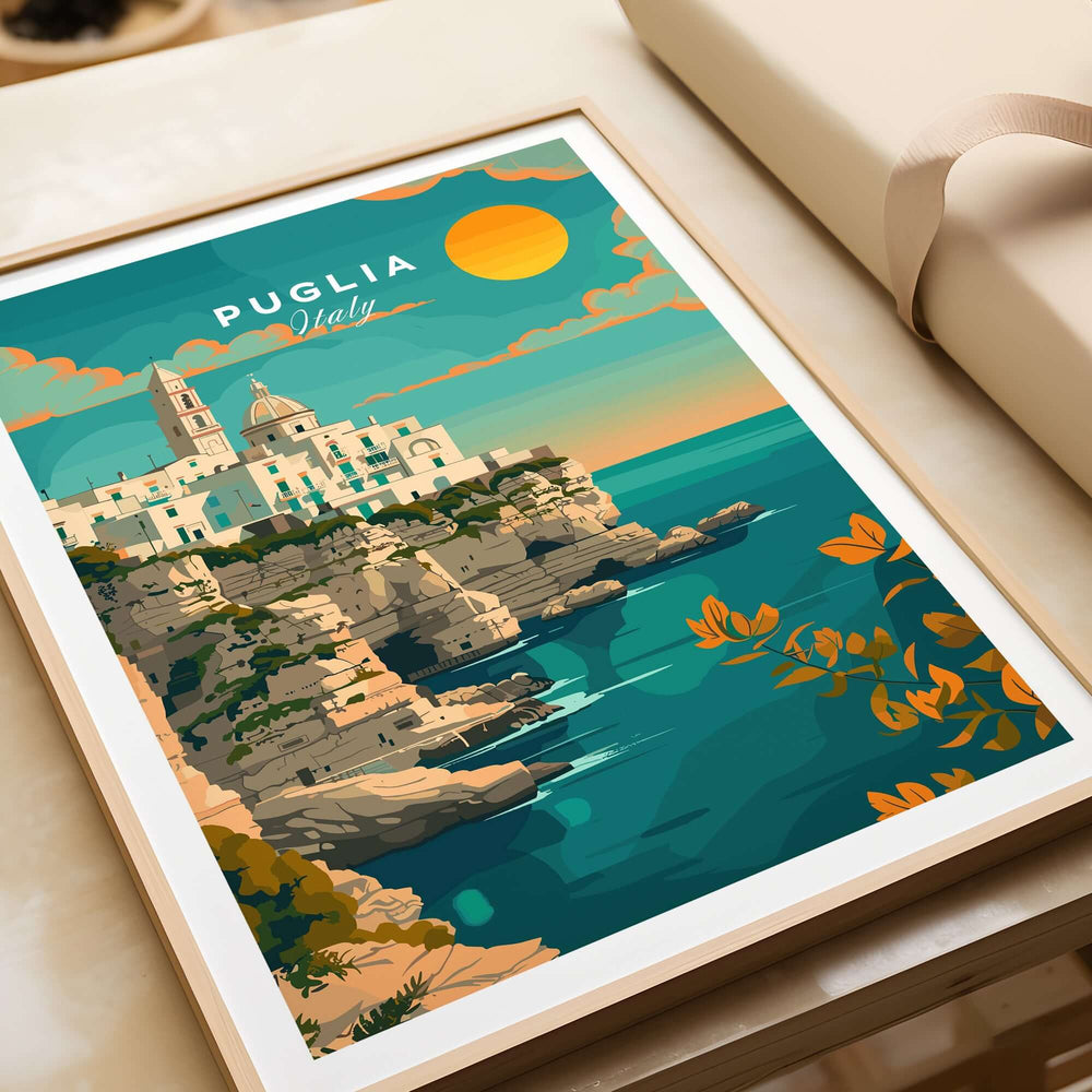 Puglia Travel Print showcasing sun-kissed beaches and charming towns, perfect Italian decor for travel lovers. Italy Travel Prints.