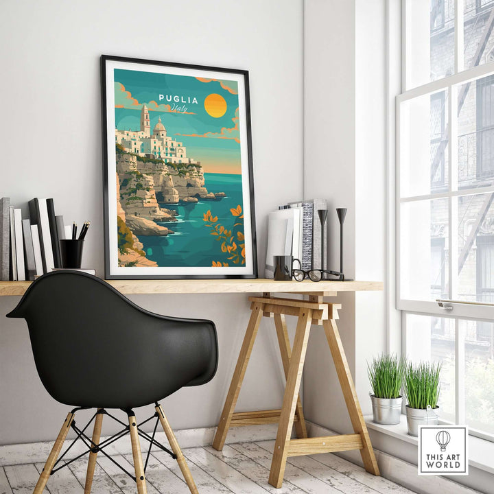 Puglia Travel Print framed on a desk, highlighting a sun-kissed Italian coast, perfect for adding Italian charm to any space.