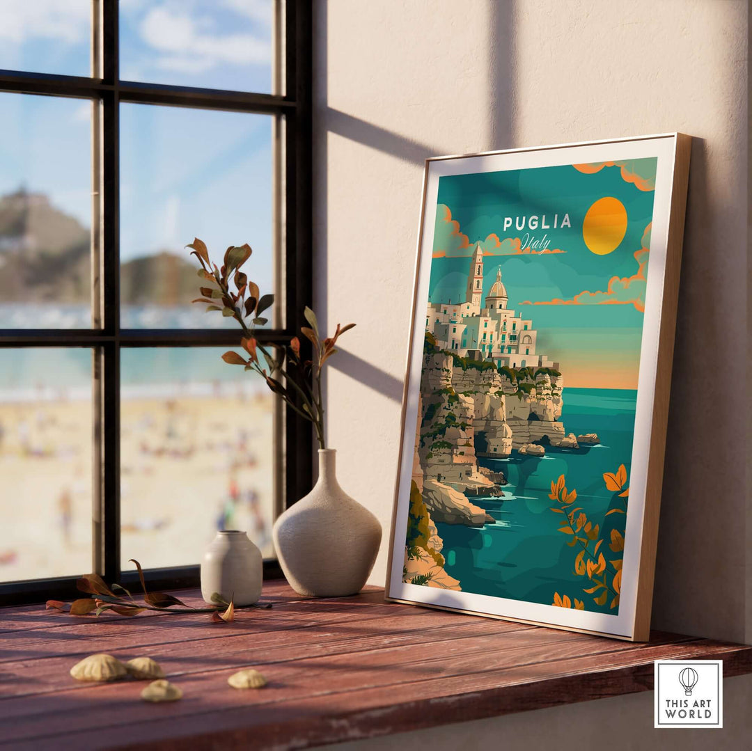 Puglia Travel Print displayed on wooden table with beach view background