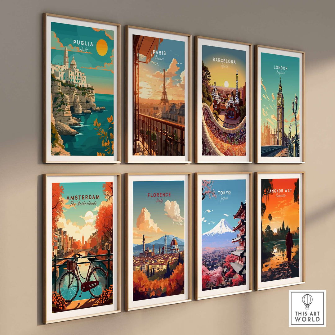 Collection of framed travel prints featuring destinations like Puglia, Paris, Barcelona, London, Amsterdam, Florence, Tokyo, and Angkor Wat.