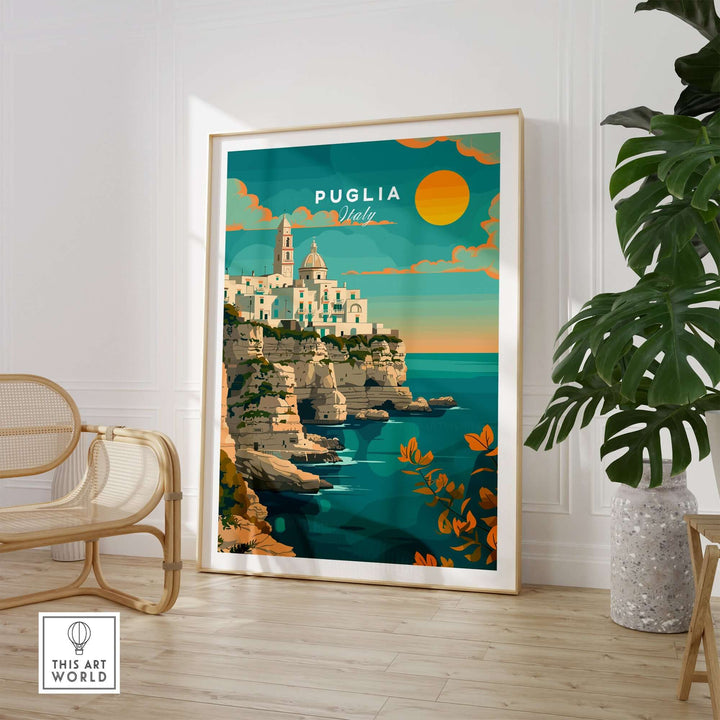 Puglia Travel Print featuring Italian coastline and charming town, perfect for adding Italian charm and wanderlust to your space.