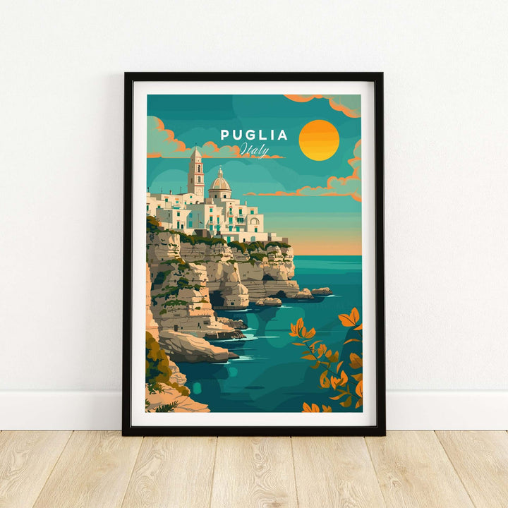 Puglia Travel Print featuring sun-kissed beaches and charming towns, perfect for adding Italian charm to your home decor.