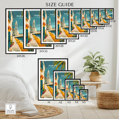 Puglia Wall Art Print - Italy Travel Poster size guide showing multiple options from 6x8 to 24x36 displayed in a room with a plant and decor
