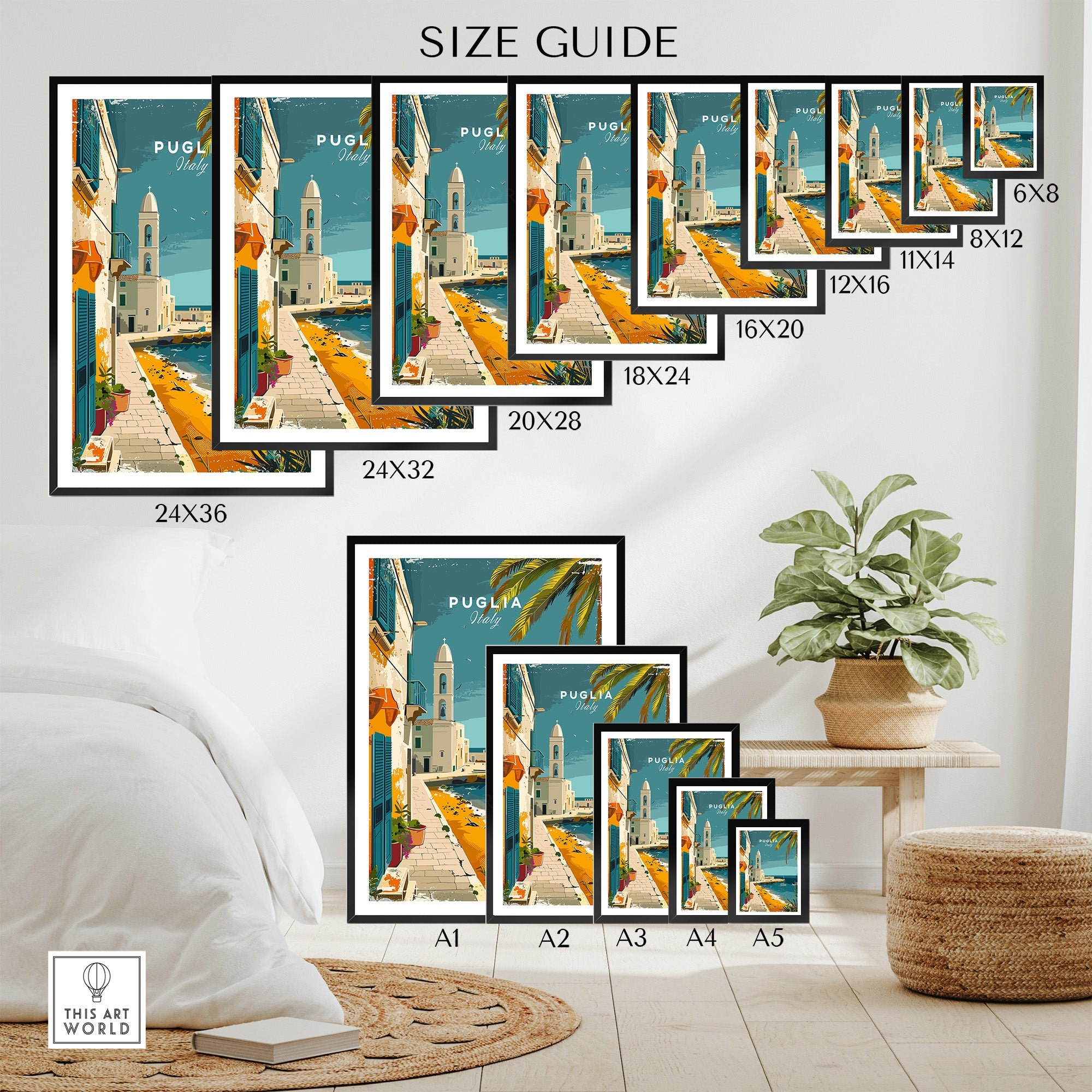 Puglia Wall Art Print - Italy Travel Poster size guide showing multiple options from 6x8 to 24x36 displayed in a room with a plant and decor