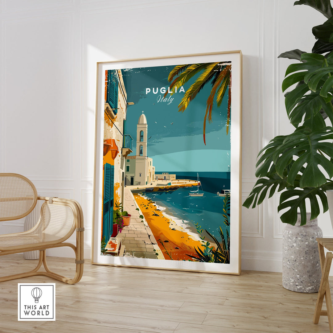 Puglia Wall Art Print - Italy Travel Poster featuring stunning views of Puglia coastline, perfect for travelers and art lovers.