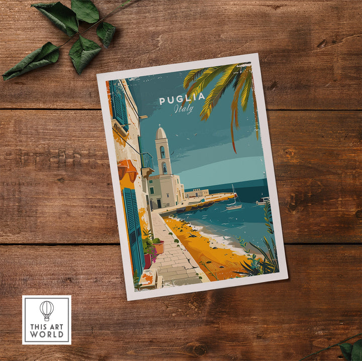 Puglia Wall Art Print - Italy Travel Poster showcasing stunning coastal views of Puglia, Italy against a wooden background