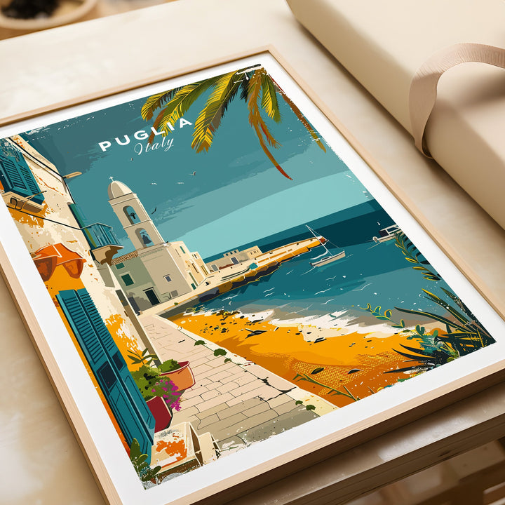 Puglia Wall Art Print featuring stunning views of Italy coastline, perfect for travelers and art lovers as Italy Travel Poster