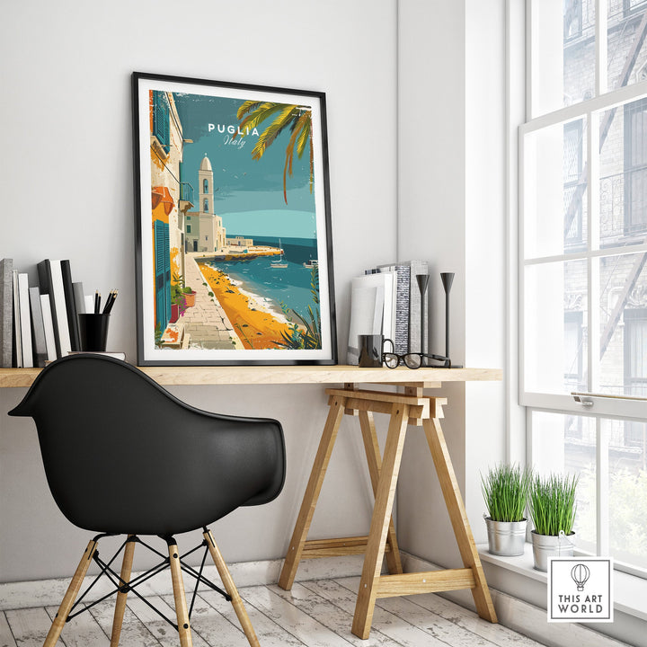 Modern room with Puglia Wall Art Print - Italy Travel Poster showing scenic views of Puglia, Italy displayed on a wooden desk.