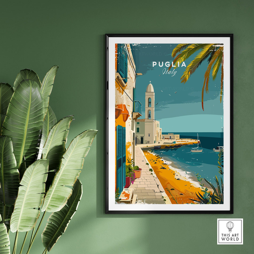 Puglia Wall Art Print - Italy Travel Poster with stunning coastal view, perfect for travelers and art lovers.