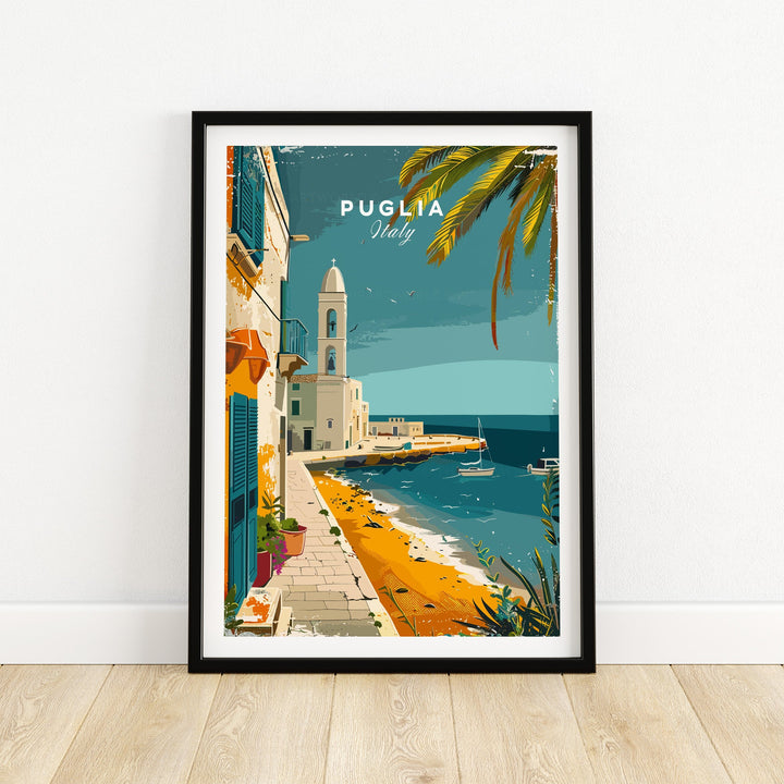 Puglia Wall Art Print - Italy Travel Poster featuring coastal view of Puglia, Italy with vibrant buildings and sea. Perfect for travel enthusiasts.