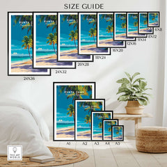 Punta Cana Dominican Republic Palm Tree Beach Poster - Tropical Caribbean Wall Art size guide showcasing various frame sizes.