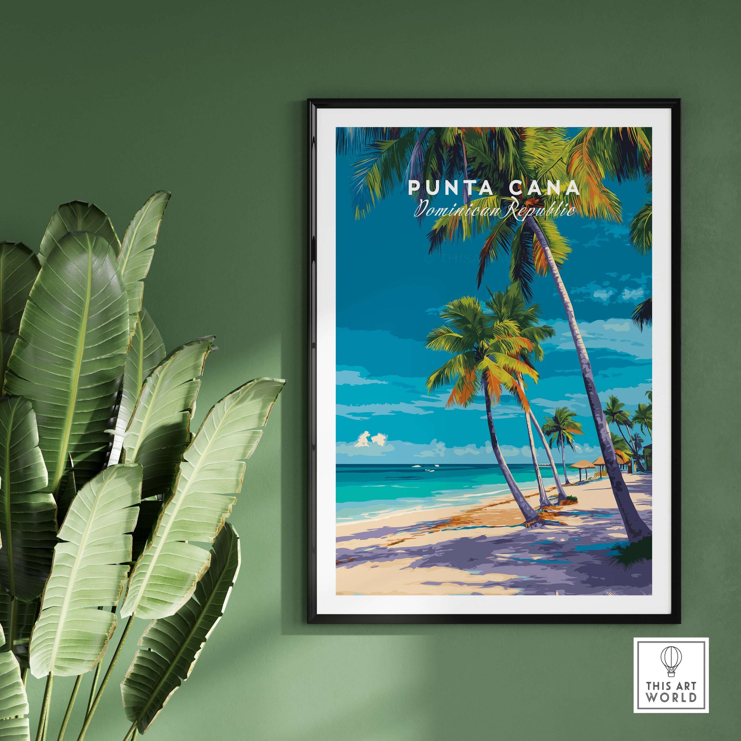 Punta Cana Dominican Republic Palm Tree Beach Poster - Tropical Caribbean Wall Art displayed on a green wall.