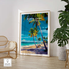 Punta Cana Dominican Republic Palm Tree Beach Poster - Tropical Caribbean Wall Art displayed in a modern living space.