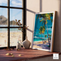Punta Cana Dominican Republic Palm Tree Beach Poster - Tropical Caribbean Wall Art displayed in a cozy indoor setting.