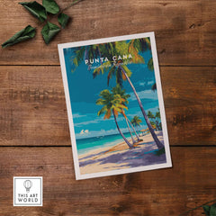Punta Cana Dominican Republic Palm Tree Beach Poster - Tropical Caribbean Wall Art displayed on wooden surface.