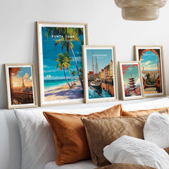 Punta Cana Dominican Republic Palm Tree Beach Poster - Tropical Caribbean Wall Art displayed with other framed travel posters.
