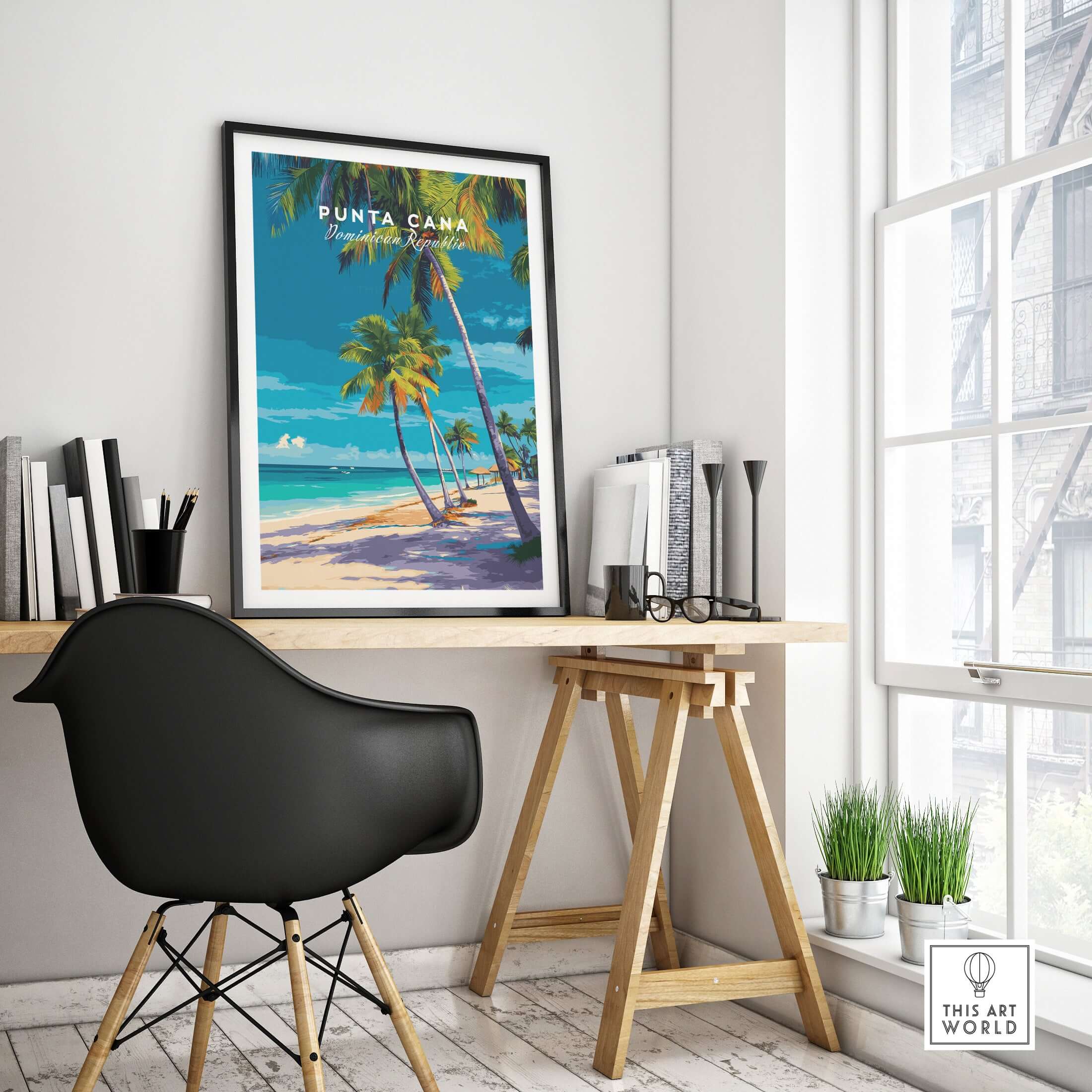 Punta Cana Dominican Republic Palm Tree Beach Poster - Tropical Caribbean Wall Art showcased in a stylish home office setting.