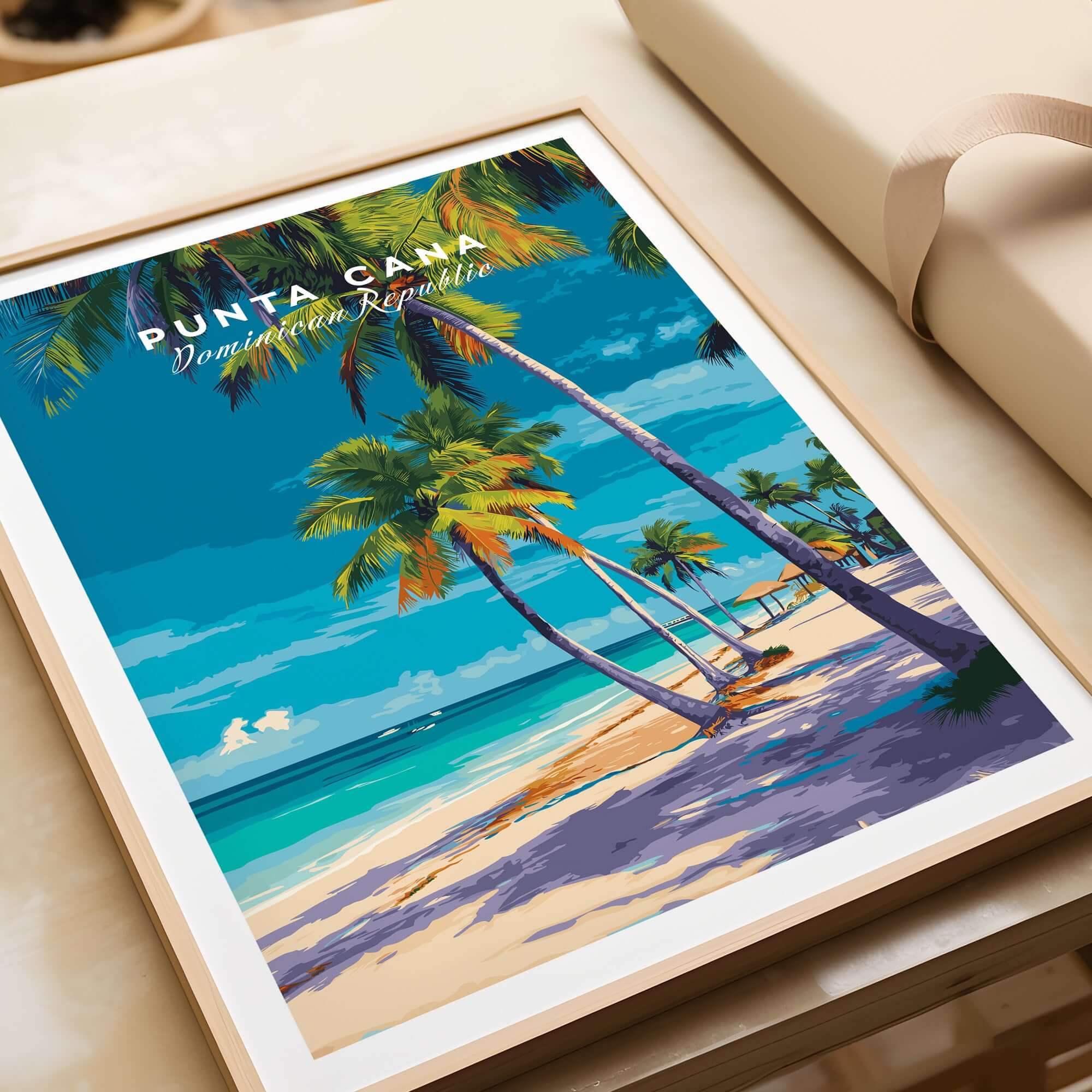 Punta Cana Dominican Republic Palm Tree Beach Poster - Tropical Caribbean Wall Art displaying vibrant beach scenery.