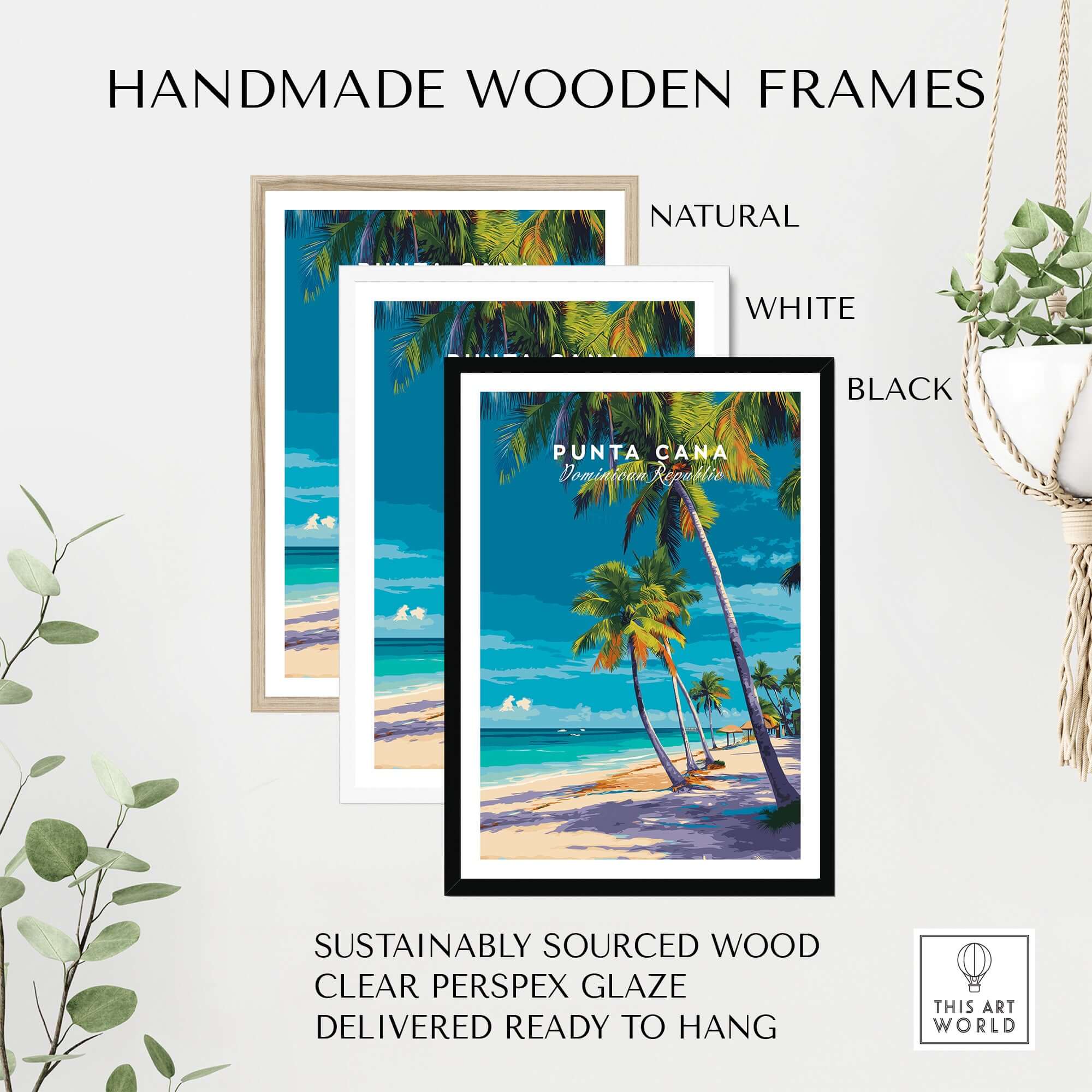 Punta Cana Dominican Republic Palm Tree Beach Poster - Tropical Caribbean Wall Art with handmade wooden frames.