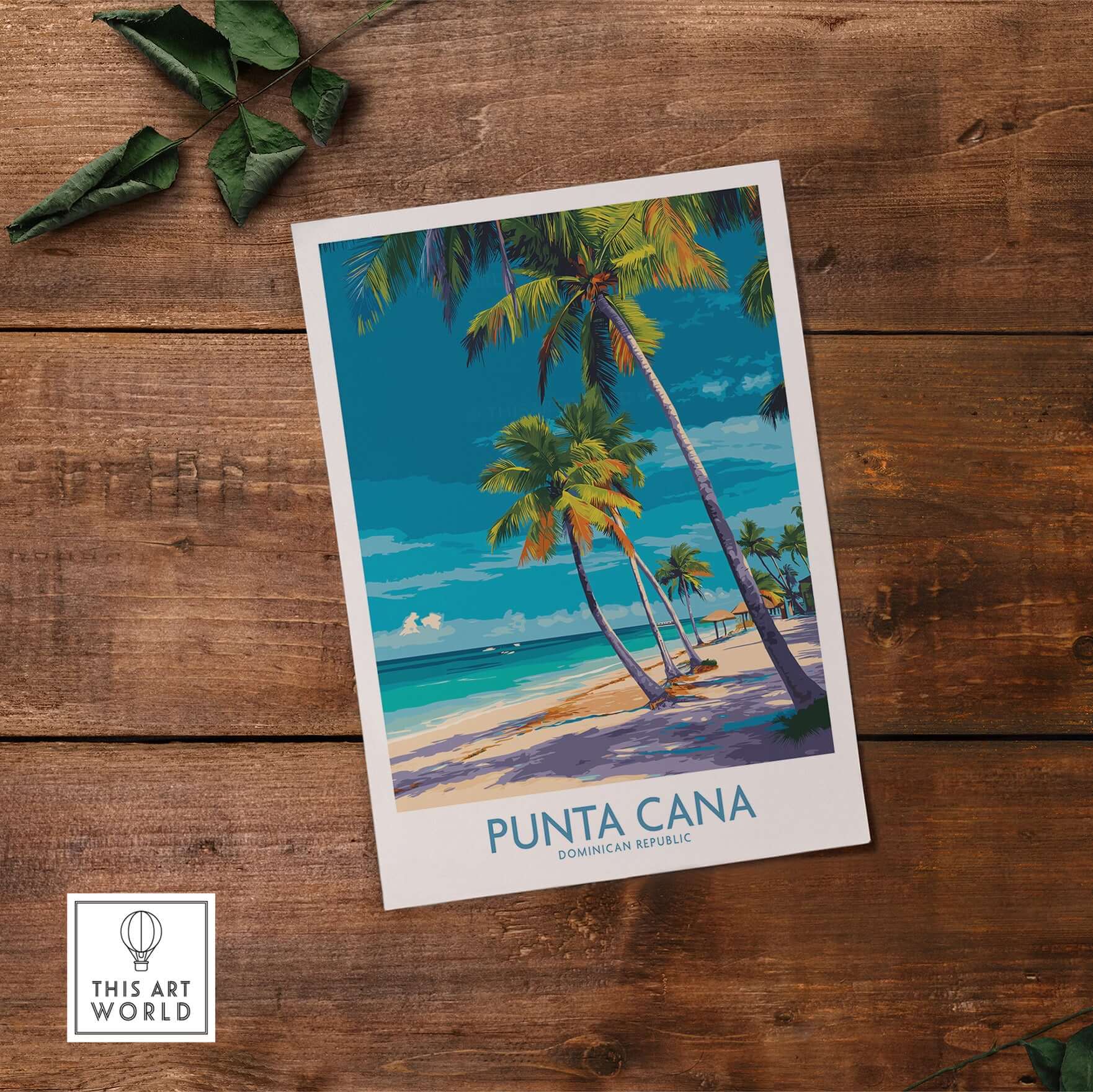 Punta Cana Poster - Dominican Republic Resort Landscape Print - Caribbean Travel Decor displayed on wooden surface.