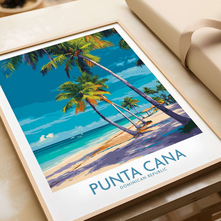 Punta Cana poster showcasing palm trees and turquoise waters in Dominican Republic, perfect for Caribbean travel decor.