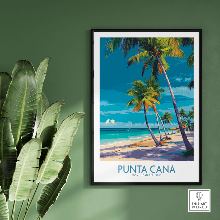 Punta Cana poster featuring a vibrant Caribbean landscape with palm trees and turquoise waters, ideal for travel decor.