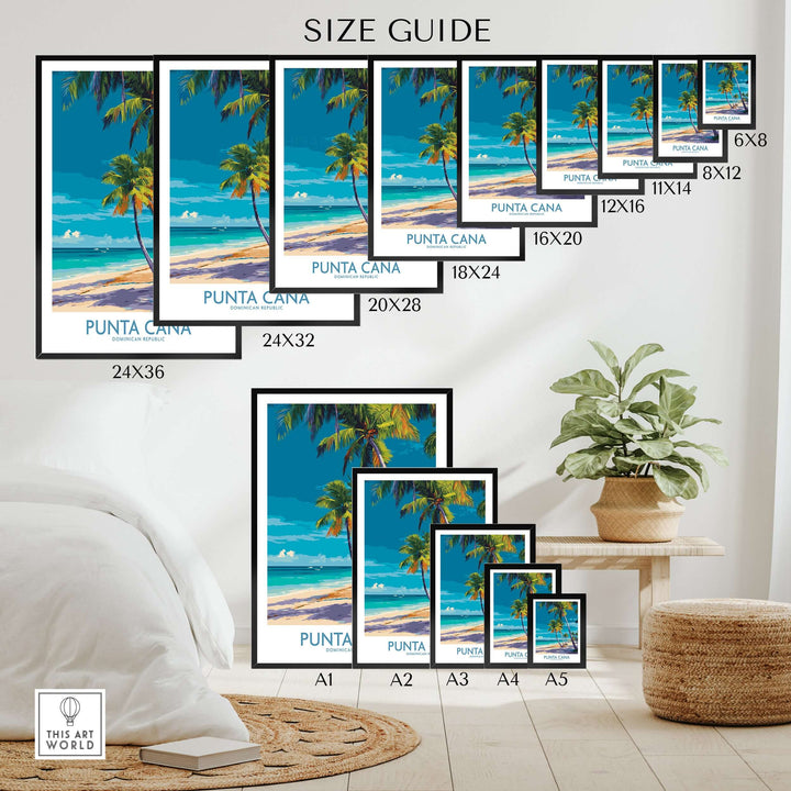 Punta Cana poster size guide showcasing various print sizes for Dominican Republic landscape decor.