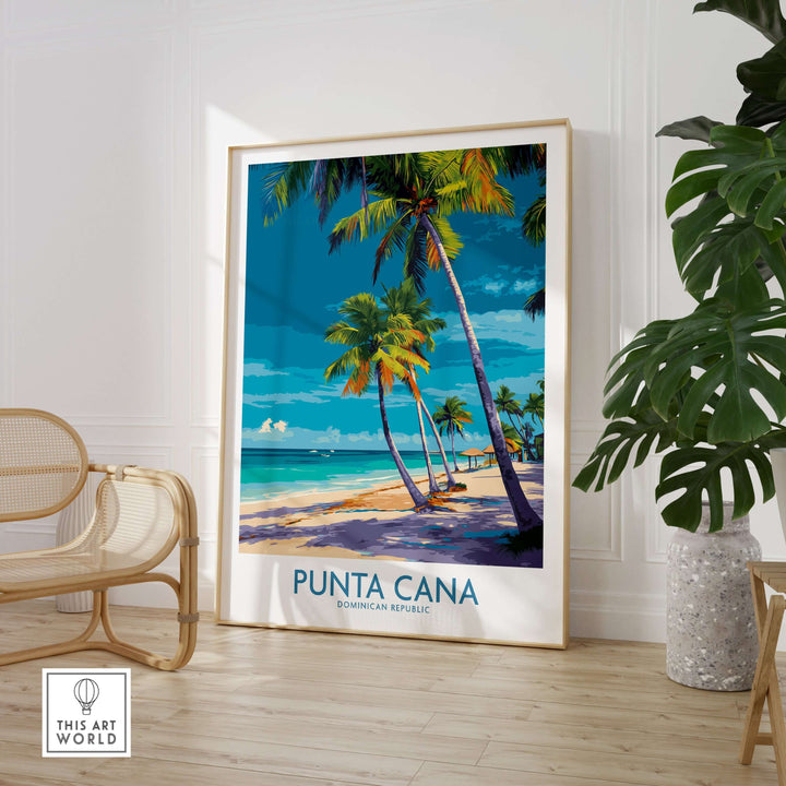 Punta Cana poster featuring palm trees and turquoise waters, ideal for Caribbean travel decor.