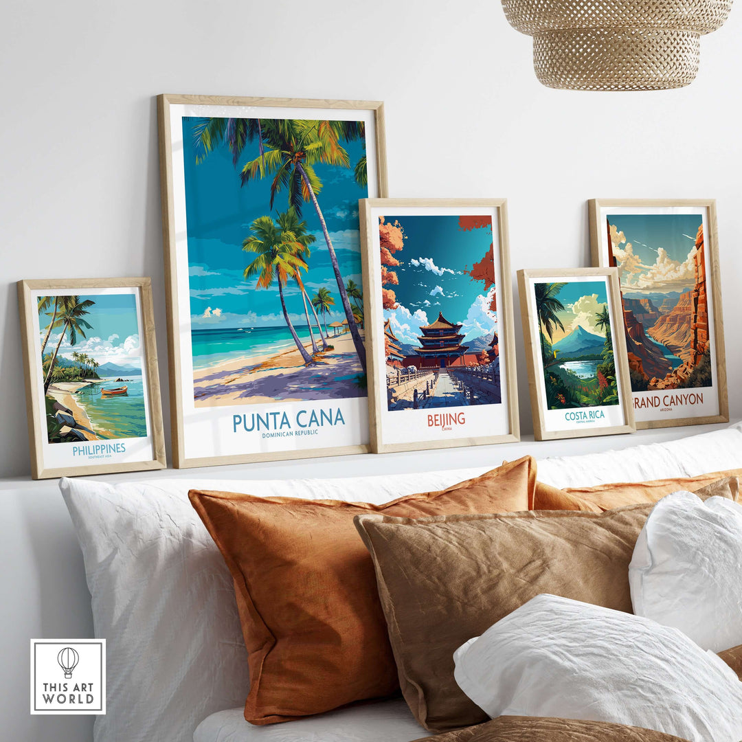 Punta Cana poster and travel prints displayed in a modern living room, showcasing tropical landscapes and popular destinations.