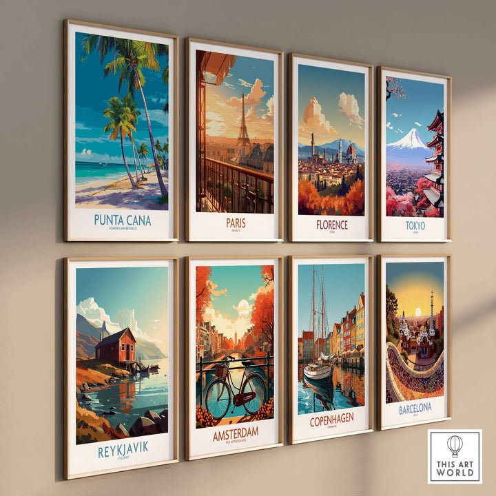 Gallery wall of travel posters featuring Punta Cana, Paris, Florence, Tokyo, Reykjavik, Amsterdam, Copenhagen, and Barcelona.