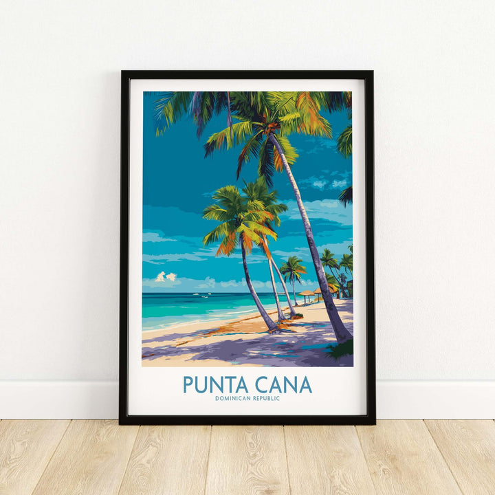 Punta Cana poster featuring beach, palm trees, and turquoise waters, ideal for Caribbean travel decor