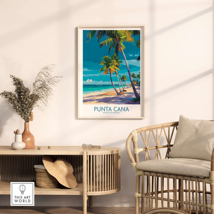 Framed Punta Cana poster featuring palm trees and turquoise waters, ideal for Caribbean travel decor.