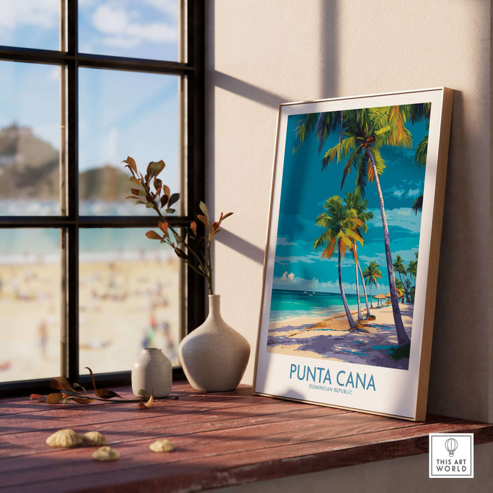 Punta Cana poster featuring palm trees and turquoise waters, perfect for Caribbean travel decor in home interiors.