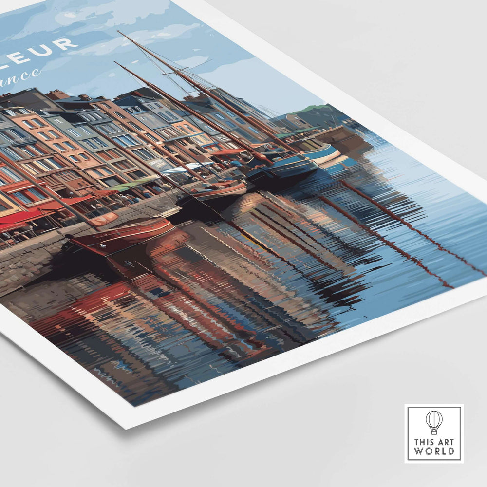 Colorful art print of Quai Sainte-Catherine in Honfleur, showcasing boats and reflections on water.