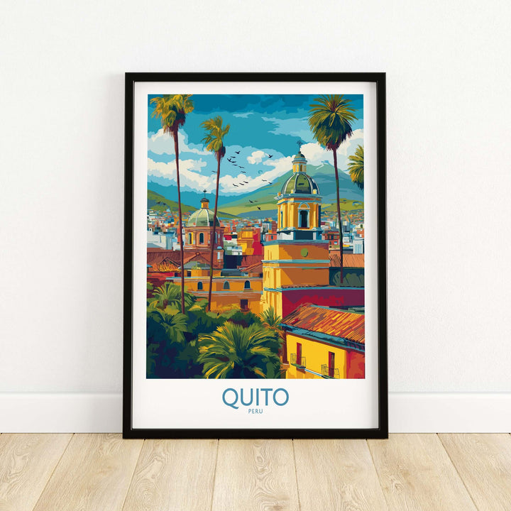 Vibrant Quito cityscape print featuring colonial churches and Andean mountains in colorful artwork.