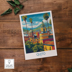 Ecuador Quito Cityscape Travel Print Poster Colonial Churches Andes Mountain Wall Art showcasing colorful buildings and palm trees.