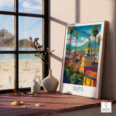Ecuador Quito Cityscape Travel Print Poster Colonial Churches Andes Mountain Wall Art displayed on a wooden shelf with plants.