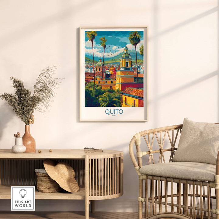 Colorful Quito cityscape travel poster featuring colonial churches and Andean mountains, perfect for wall art.