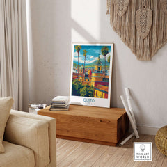 Ecuador Quito Cityscape Travel Print Poster Colonial Churches Andes Mountain Wall Art displayed in a stylish living room.