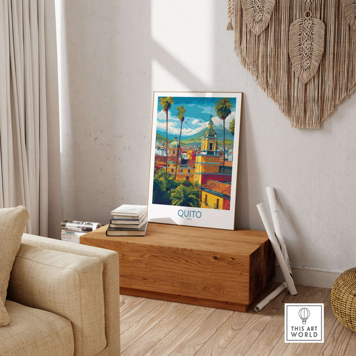 Quito cityscape travel print poster showcasing vibrant buildings and Andean mountains in a stylish interior setting.