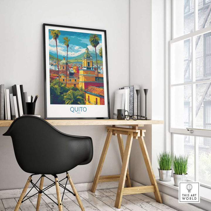 Quito cityscape travel poster featuring colorful buildings and Andean mountains, displayed in a modern workspace.