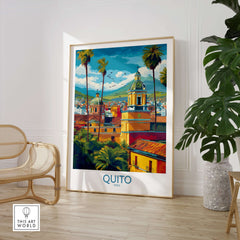 Ecuador Quito Cityscape Travel Print Poster Colonial Churches Andes Mountain Wall Art in a modern living space